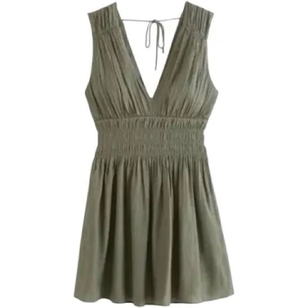 Abercrombie & Fitch Smocked Plunge Crinkle Olive Mini Dress - NWT